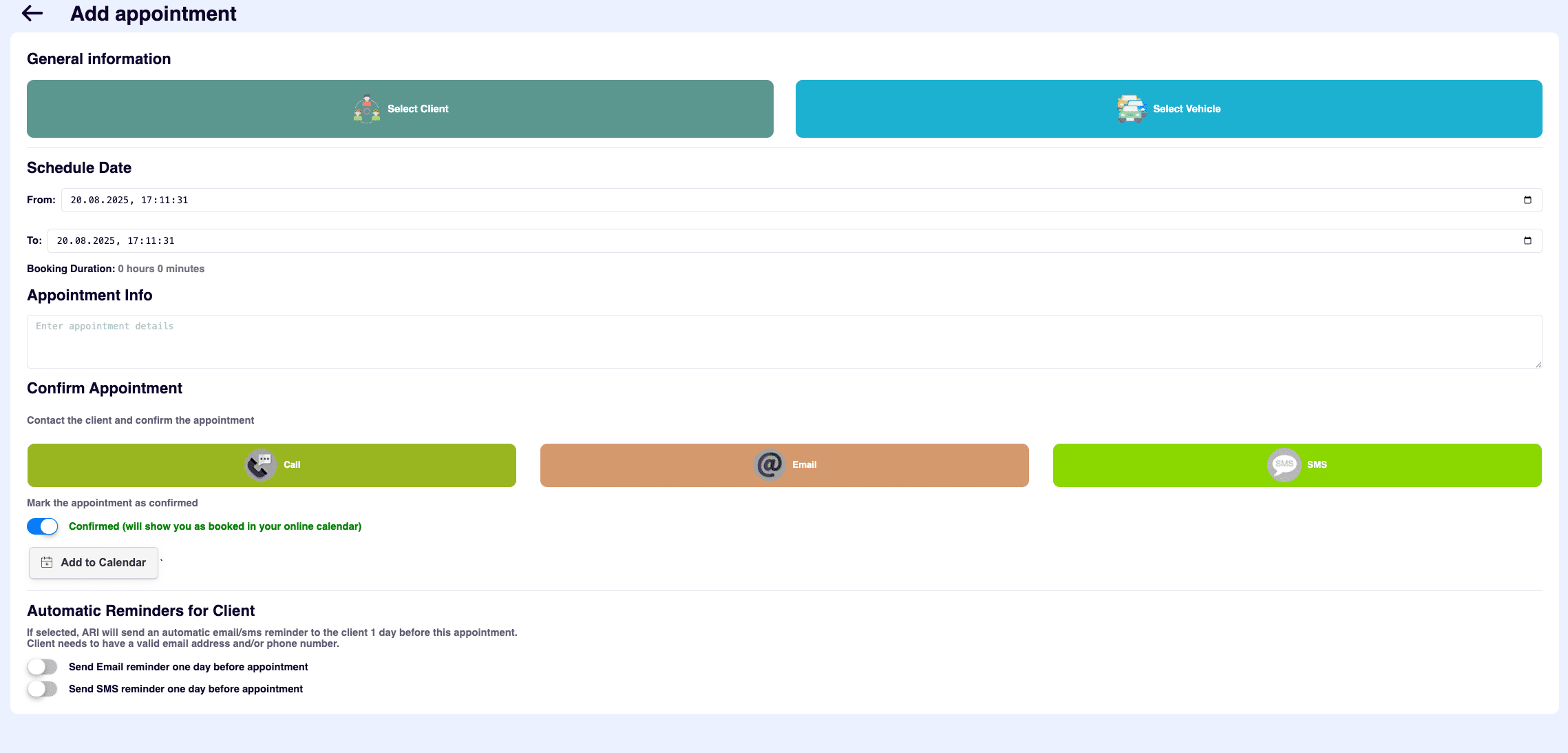 Creating a new appointment in ARI