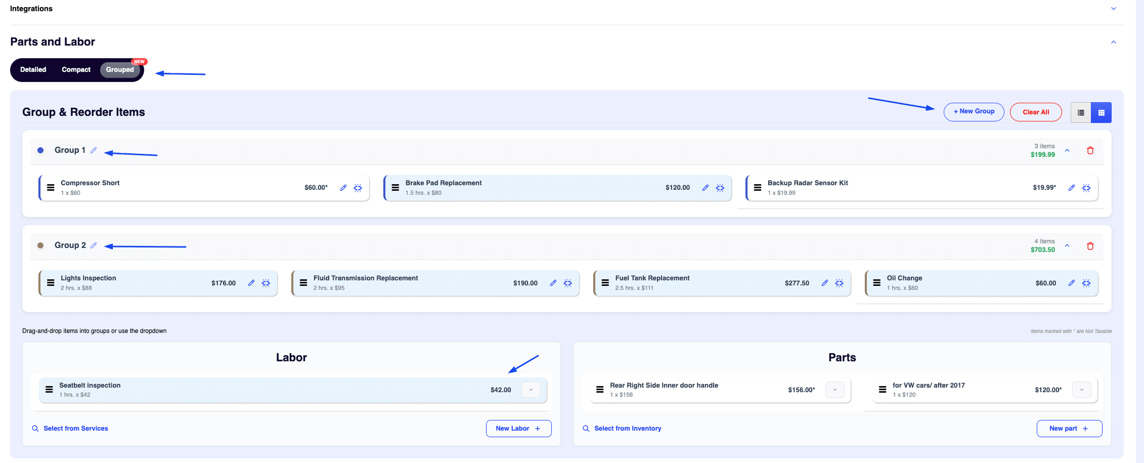 Grouping section changes in ARI(Auto Repair Software)