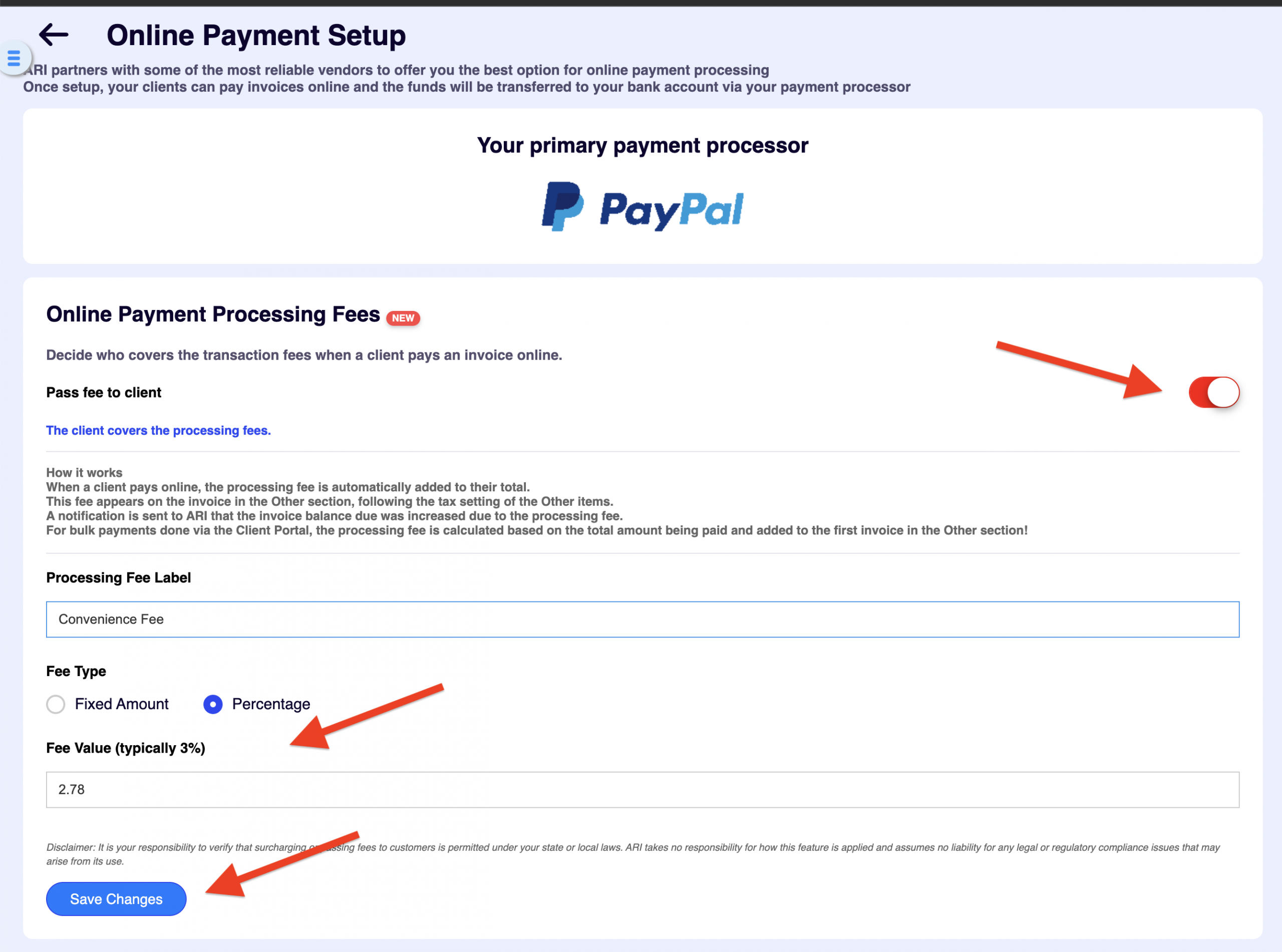 Pass fees to clients screenshot in ARI