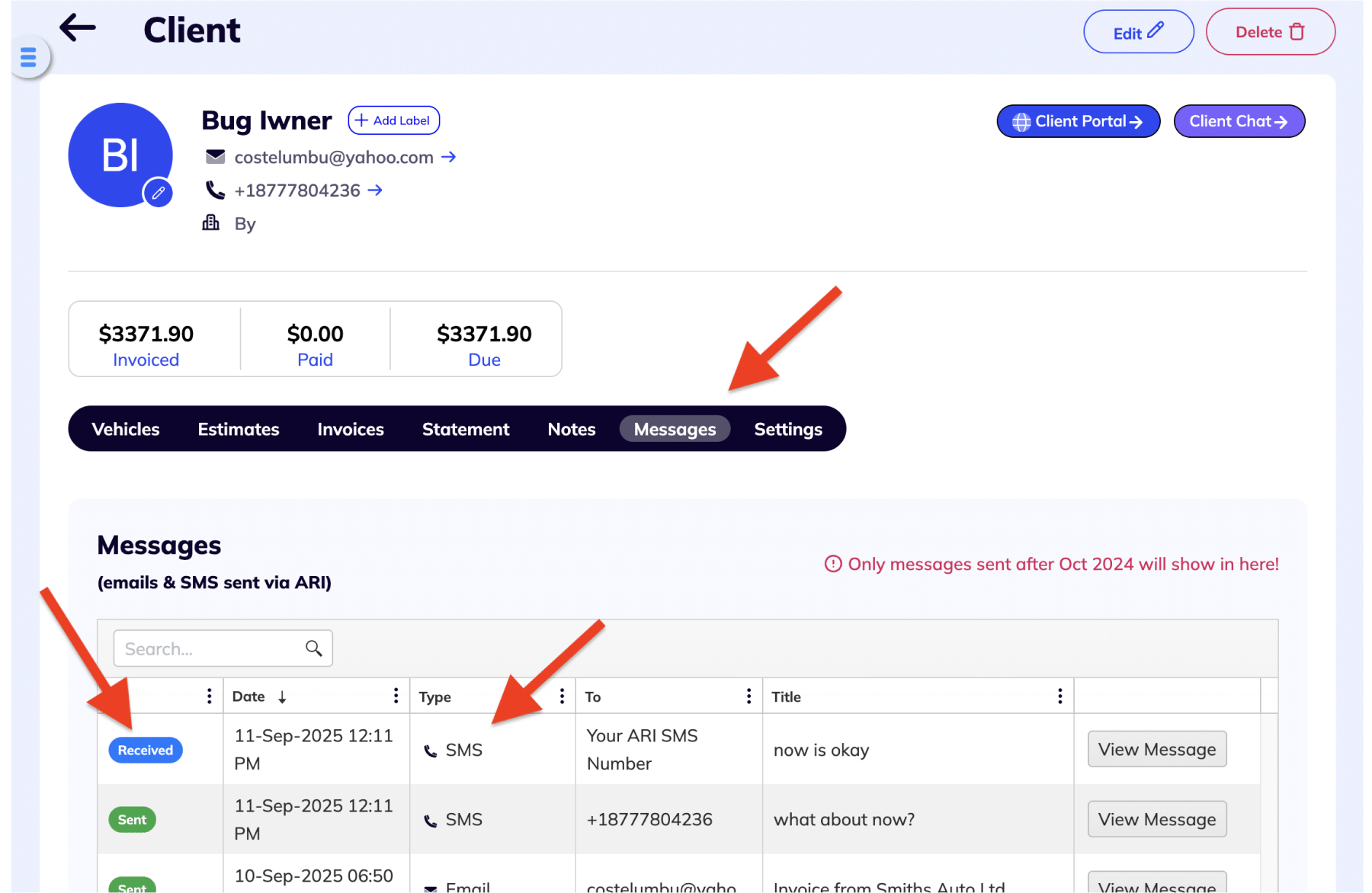 Two-way SMS texting in ARI(Auto Repair Software)